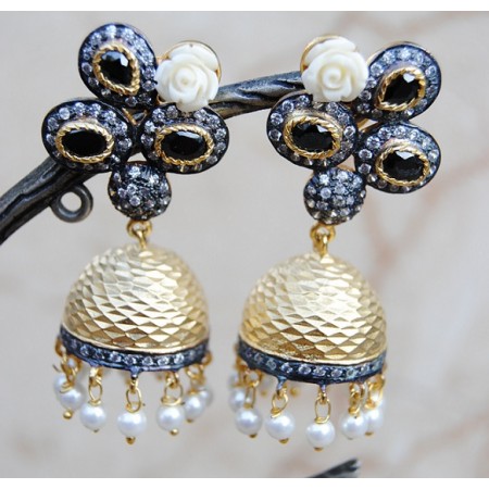Victorian Rose Jhumka Earrings with Black Onyx And Pearls Victorian Rose Jhumka Earrings with Black Onyx And Pearls